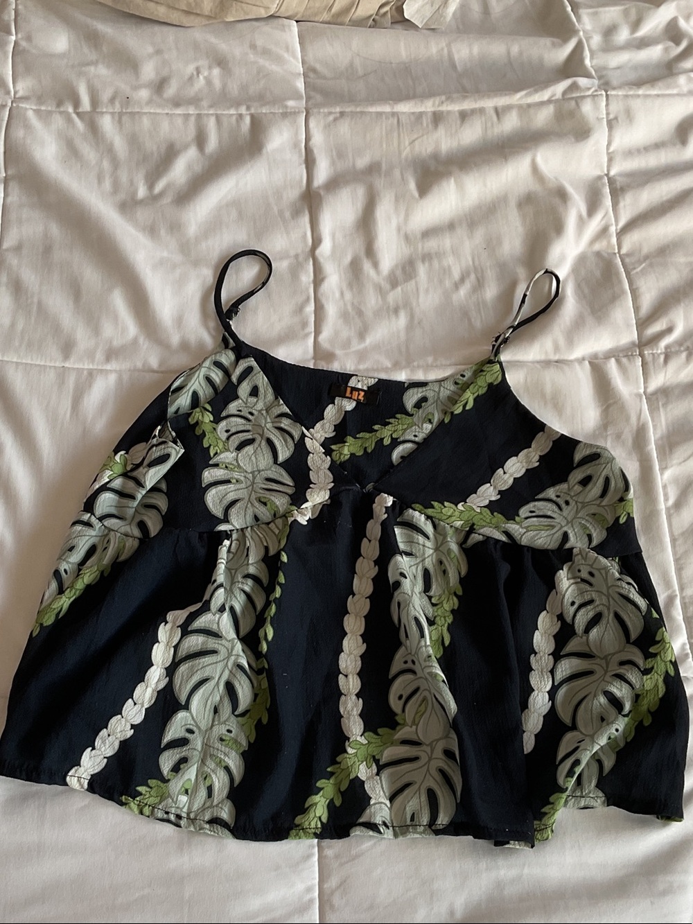 Black Botanical Print Spaghetti Strap Tank Top